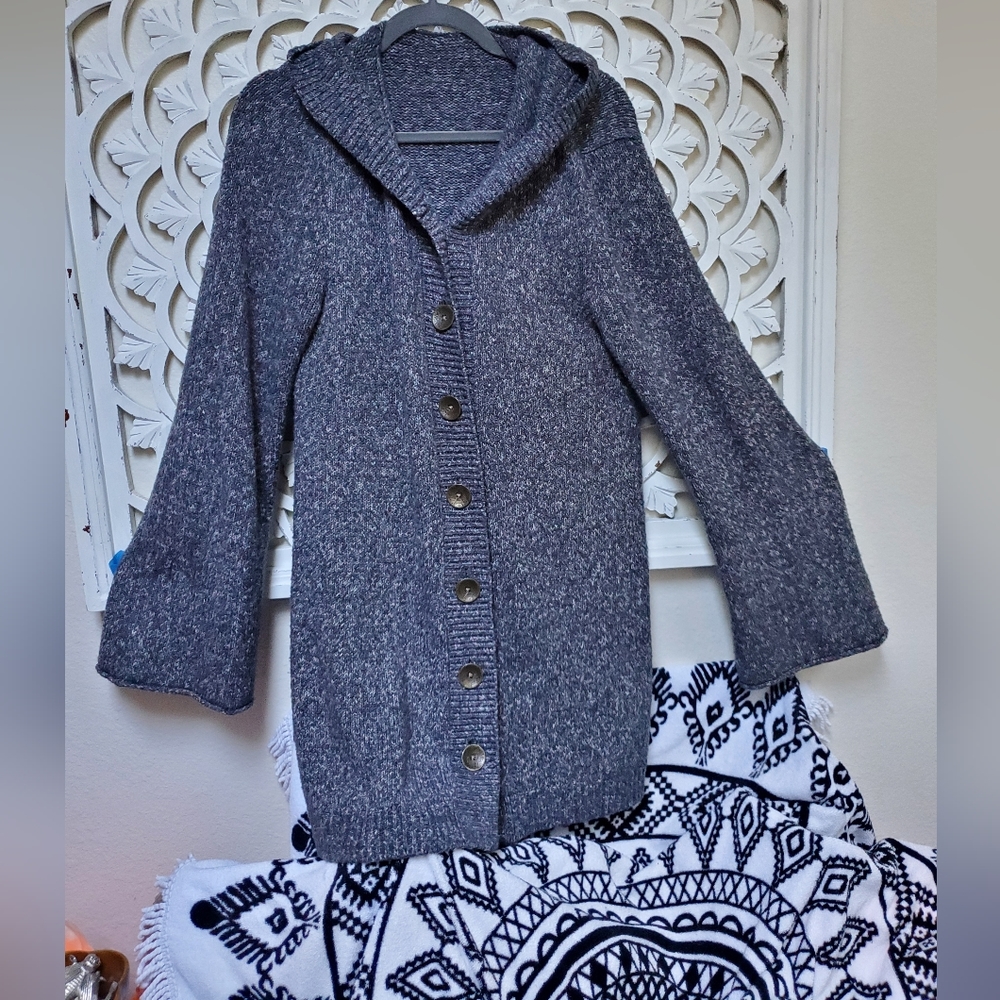 PrAna Hooded Knit Cardigan with Bell Sleeves XL Gray White Flecked